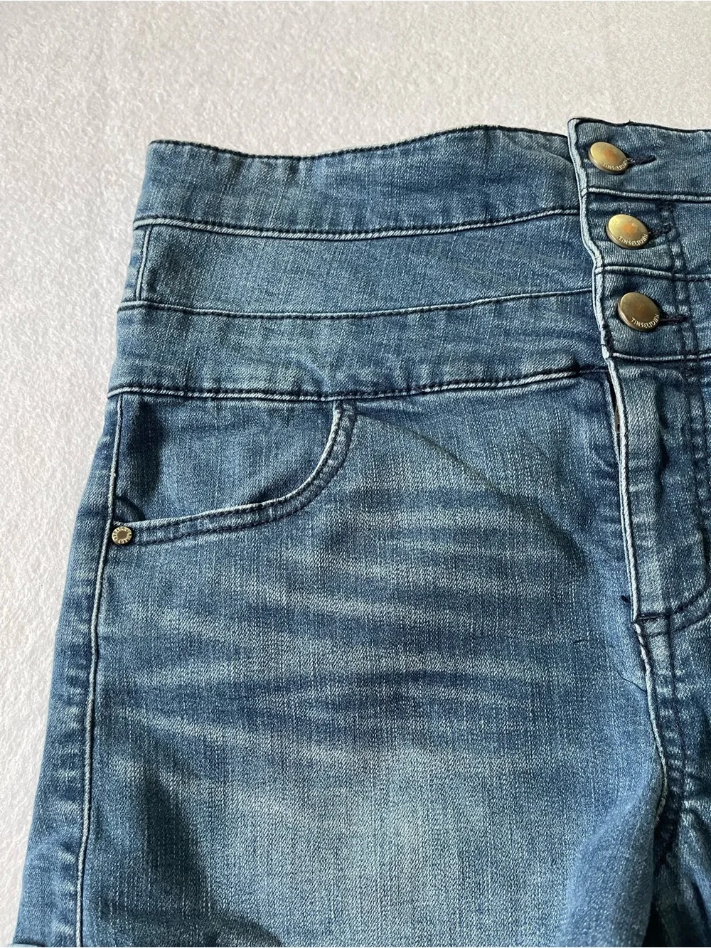 Tinseltown High-Waist Blue Denim Shorts with Triple-Button Front